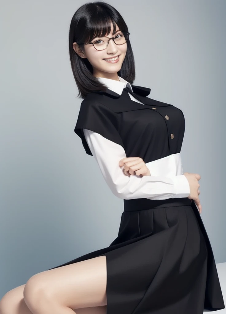 masterpiece,Highest quality,Top 1 Girl, alone, Realistic, View your viewers, Black Hair,Glasses,Simple Background,smile,Big Breasts,whole body,Button and collared shirt,Slender,skirt,Thin and beautiful legs