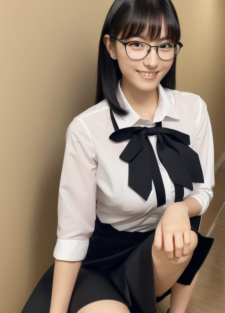 masterpiece,Highest quality,Top 1 Girl, alone, Realistic, View your viewers, Black Hair,Glasses,Simple Background,smile,Big Breasts,whole body,Button and collared shirt,Slender,skirt,Thin and beautiful legs
