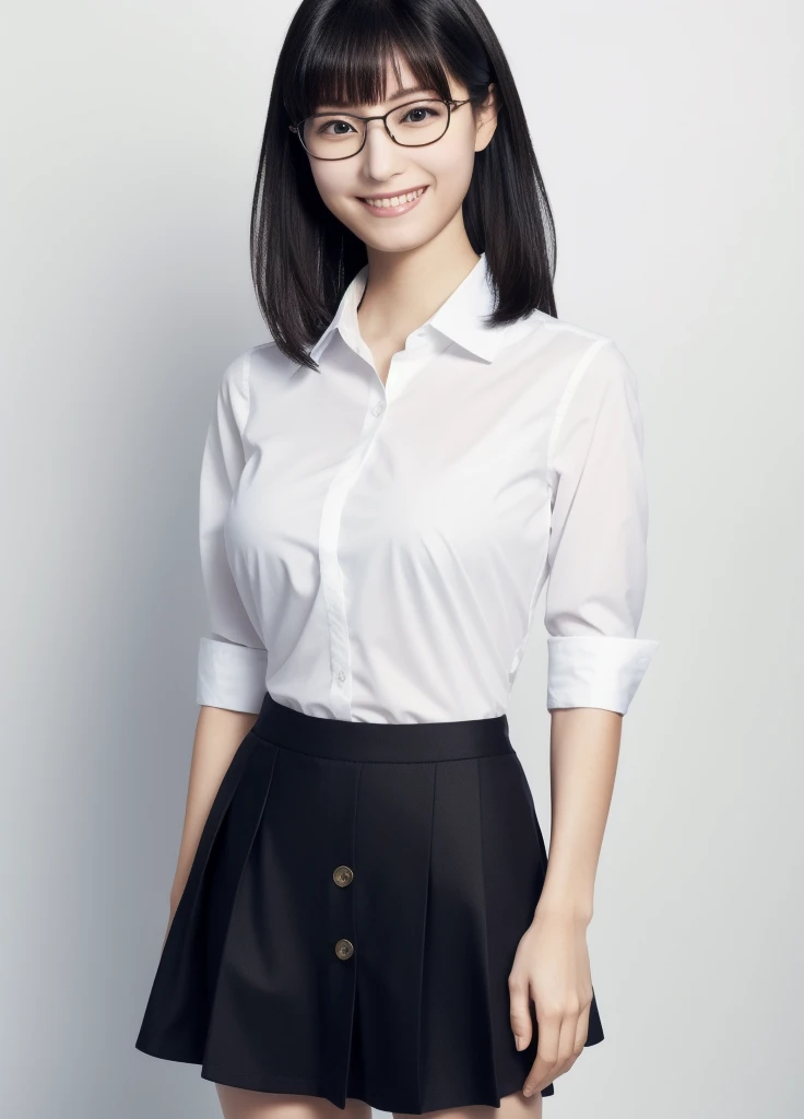 masterpiece,Highest quality,Top 1 Girl, alone, Realistic, View your viewers, Black Hair,Glasses,Simple Background,smile,Big Breasts,whole body,Button and collared shirt,Slender,skirt,Thin and beautiful legs