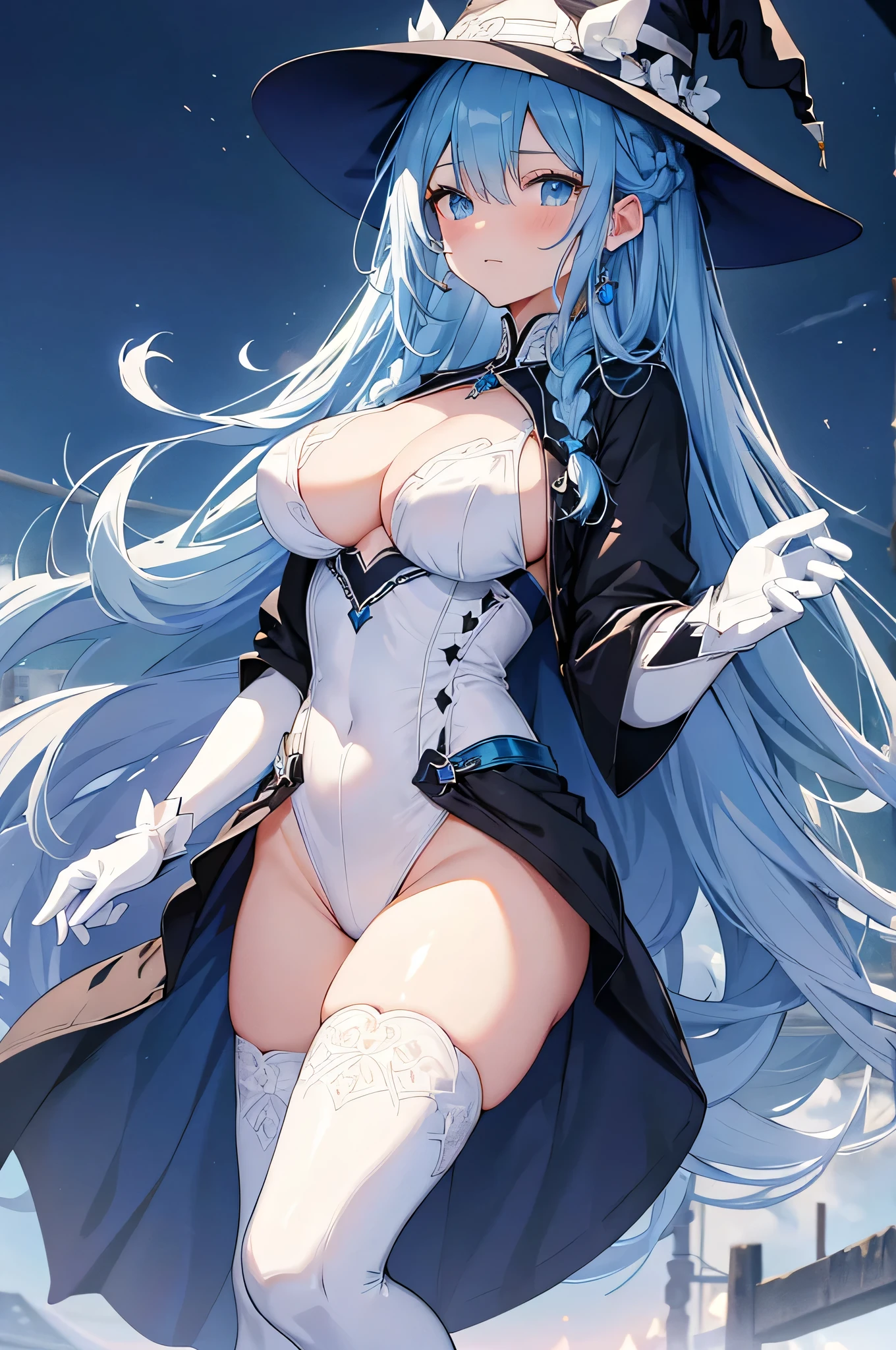 4K,High resolution,One Woman,Light blue hair,long hair,Braid,Dark blue eyes,Big Breasts,witch,White high leg leotard,White boots,White gloves,Black tights,White witch hat,Jewelry decoration,Magic wand,Medieval village,Sunrise background