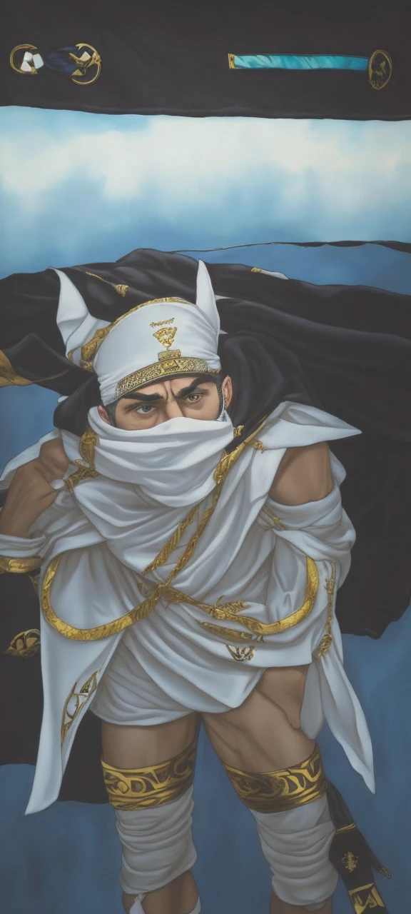 naughty man, white mouth bandana, white and gold captain&#39;s hat and Adidas clothes 
