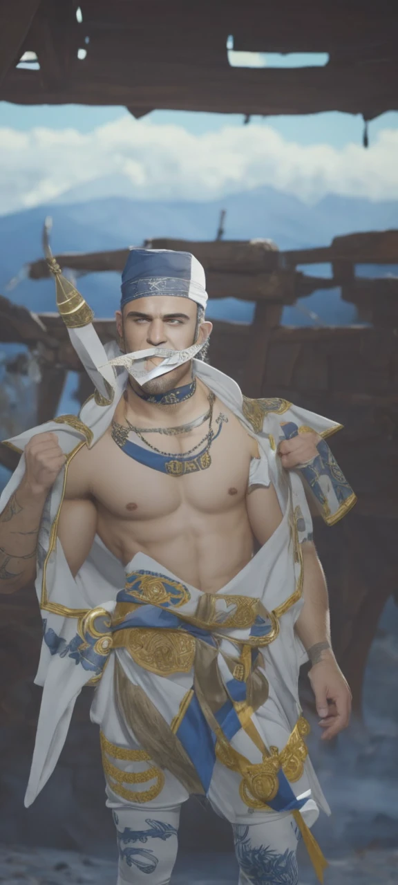 naughty man, white mouth bandana, white and gold captain's hat and Adidas clothes