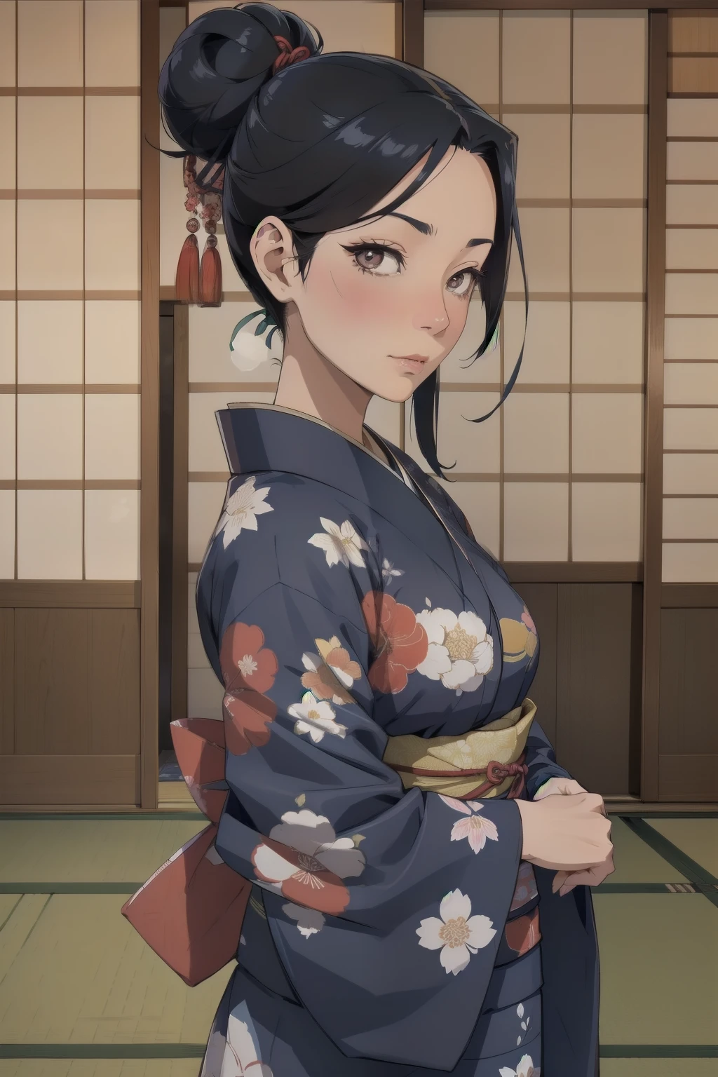 A 55-year-old woman named Misaki, wearing a traditional Japanese kimono in subdued colors (navy blue with floral patterns). She has long black hair tied up in an elegant bun with a few loose strands framing her face. She has almond-shaped eyes, a stern but loving expression, and a dignified appearance. She is in a traditional Japanese house with sliding doors and tatami mats.

