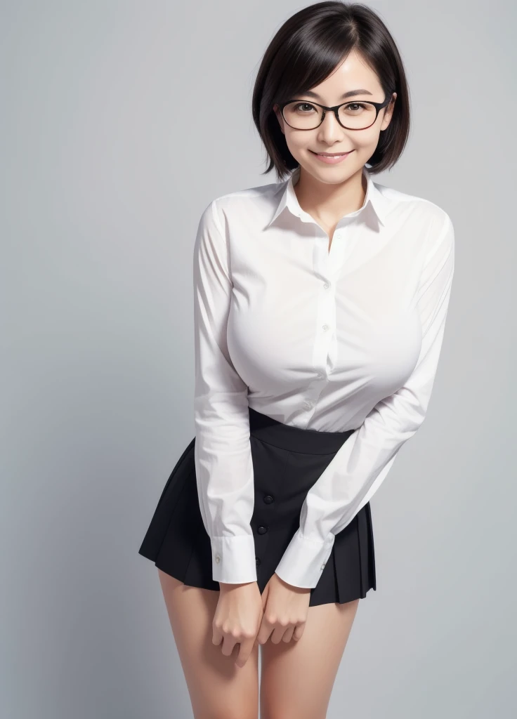 masterpiece,Highest quality,Top 1 Girl, alone, Realistic, View your viewers, Black Hair,Glasses,Simple Background,smile,Big Breasts,whole body,Button and collared shirt,Slender,skirt,Thin and beautiful legs