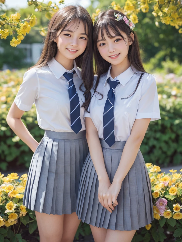 (2girl), (round eyes:1.2), (highly detailed face and eyes), (big smile), (school uniform, pleated skirt:1.3), summer, (Best Quality:1.4), (Ultra-detailed), (extremely detailed CG unified 8k wallpaper), Highly detailed, High-definition raw color photos, Professional Photography, Realistic portrait, indoors, (cute wallpapers), (Surrounded by lots of cute fresh flowers:1.3), depth of fields, (fine face:1.2), 