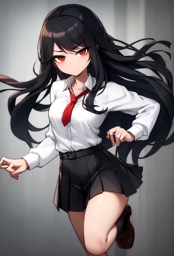 Close-cropped bangs, long sideburns, long straight black hair, female student, navy blazer, white shirt, red ribbon tie, checked miniskirt, Raise foot high , high-kick, shout