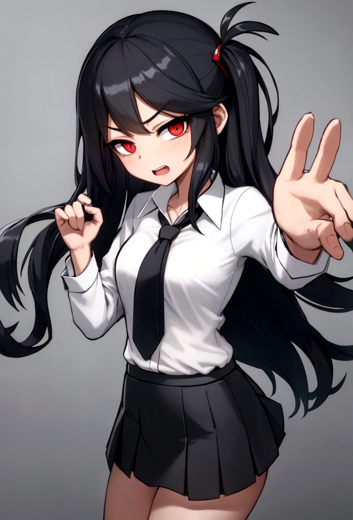 Close-cropped bangs, long sideburns, long straight black hair, female student, navy blazer, white shirt, red ribbon tie, checked miniskirt, Raise foot high , high-kick, shout