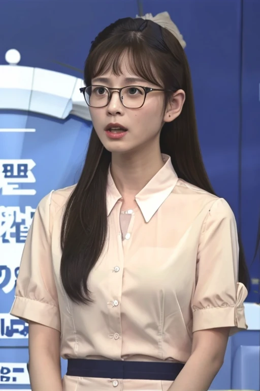 Highest quality、masterpiece、High sensitivity、High resolution、Detailed Description、Slender women、Slim Body、Glasses、With a microphone in hand、give a speech from a campaign car、Serious face、Serious expression、Speak out loud、