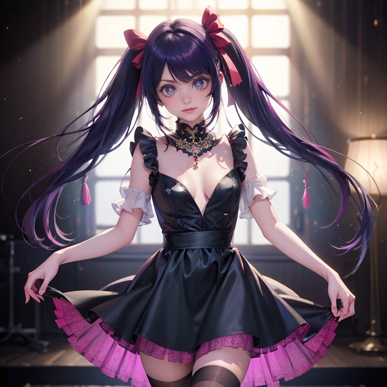 1girl, Ai Hoshino_(Oshi no Ko), centered girl, perfectly body, perfectly hands, solo, jewelry, magenta roses, rabbit jewel on her hair, ornament hair, twintails, rabbit jewel on her hair, purple hair, long hair, long flowing hair, floating hair, ornament hair, perfectly body, perfectly hands, rose on hair, magenta rose on hair, Looking at the audience, flowing hair, Beautiful Eyes, Plump and glossy lips, Idol, black dress with too many frills, black dress, magenta laces, black Short skirt, small skirt, black skirt with layers, Drape clothes, magenta gem, Lace trim, bright stage, luxury gold details, gold jewelry, more details, best quality, Big sparkling eyes, blushing, black Striped Lace Stockings, black Lolita skirt, sparkle, solo, centered girl, cowboy shot, perfectly body, perfectly hands, two arms, two legs, two hands, five fingers, perfect anatomy, glowing hair, magenta roses, on the stage, sparkles, more details on her clothes, black dress with transparency, golden details on her dress, night, holding a microphone, ((4k, masterpiece, top-quality)), 8k, best quality, high resolution, UHD, (illustration:0.8), super cute girl, delicate and beautiful face, mature girl, super cute hairstyle, (beautiful detailed eyes:1.6), extremely detailed face, perfect lighting, extremely detailed CG, (perfect hands, perfect anatomy), Best quality, cleavage