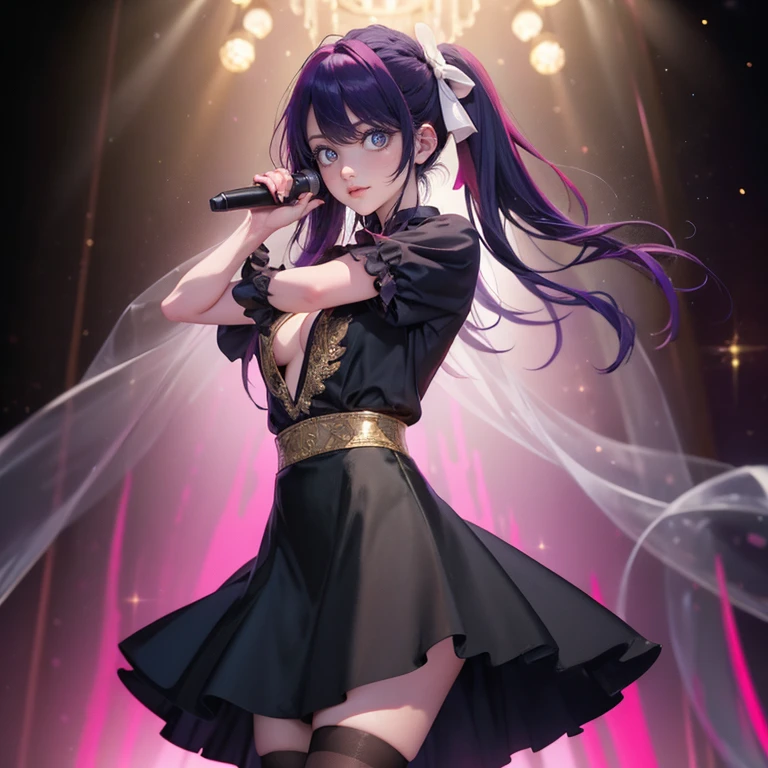 1girl, Ai Hoshino_(Oshi no Ko), centered girl, perfectly body, perfectly hands, solo, jewelry, magenta roses, rabbit jewel on her hair, ornament hair, twintails, rabbit jewel on her hair, purple hair, long hair, long flowing hair, floating hair, ornament hair, perfectly body, perfectly hands, rose on hair, magenta rose on hair, Looking at the audience, flowing hair, Beautiful Eyes, Plump and glossy lips, Idol, black dress with too many frills, black dress, magenta laces, black Short skirt, small skirt, black skirt with layers, Drape clothes, magenta gem, Lace trim, bright stage, luxury gold details, gold jewelry, more details, best quality, Big sparkling eyes, blushing, black Striped Lace Stockings, black Lolita skirt, sparkle, solo, centered girl, cowboy shot, perfectly body, perfectly hands, two arms, two legs, two hands, five fingers, perfect anatomy, glowing hair, magenta roses, on the stage, sparkles, more details on her clothes, black dress with transparency, golden details on her dress, night, holding a microphone, ((4k, masterpiece, top-quality)), 8k, best quality, high resolution, UHD, (illustration:0.8), super cute girl, delicate and beautiful face, mature girl, super cute hairstyle, (beautiful detailed eyes:1.6), extremely detailed face, perfect lighting, extremely detailed CG, (perfect hands, perfect anatomy), Best quality, cleavage