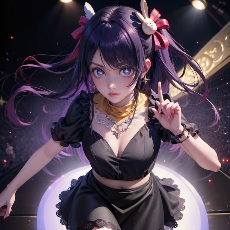 1girl, Ai Hoshino_(Oshi no Ko), centered girl, perfectly body, perfectly hands, solo, jewelry, magenta roses, rabbit jewel on her hair, ornament hair, twintails, rabbit jewel on her hair, purple hair, long hair, long flowing hair, floating hair, ornament hair, perfectly body, perfectly hands, rose on hair, magenta rose on hair, Looking at the audience, flowing hair, Beautiful Eyes, Plump and glossy lips, Idol, black dress with too many frills, black dress, magenta laces, black Short skirt, small skirt, black skirt with layers, Drape clothes, magenta gem, Lace trim, bright stage, luxury gold details, gold jewelry, more details, best quality, Big sparkling eyes, blushing, black Striped Lace Stockings, black ta skirt, sparkle, solo, centered girl, cowboy shot, perfectly body, perfectly hands, two arms, two legs, two hands, five fingers, perfect anatomy, glowing hair, magenta roses, on the stage, sparkles, more details on her clothes, black dress with transparency, golden details on her dress, night, holding a microphone, ((4k, masterpiece, top-quality)), 8k, best quality, high resolution, UHD, (illustration:0.8), super cute girl, delicate and beautiful face, mature girl, super cute hairstyle, (beautiful detailed eyes:1.6), extremely detailed face, perfect lighting, extremely detailed CG, (perfect hands, perfect anatomy), Best quality, cleavage