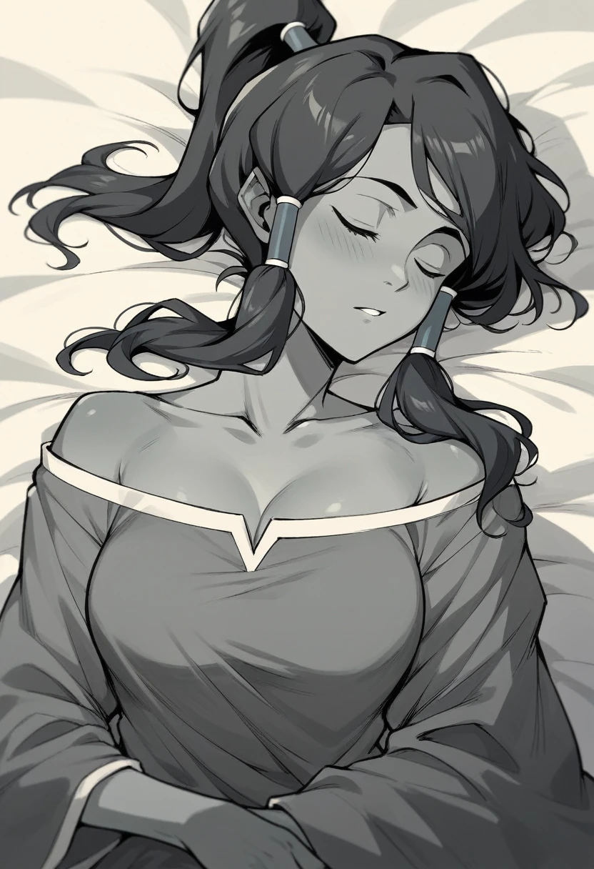 Ralph Bakshi Style, Curvy blue eyed girl with long wavy black hair and small breasts, (cruel_expression):3.0, (fart_cloud):2.0, in bed, night