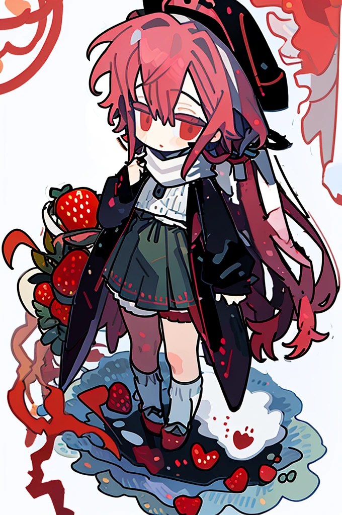 A girl,(Standing picture),(whole body),Character Design,Long hair,Fashion Design,Complex headdress,Complex clothes,cute,scarf,Everyday wear,Red hair,Skeleton,bandage,Bandage,Small black dress,Complex hat,Strawberry Headdress