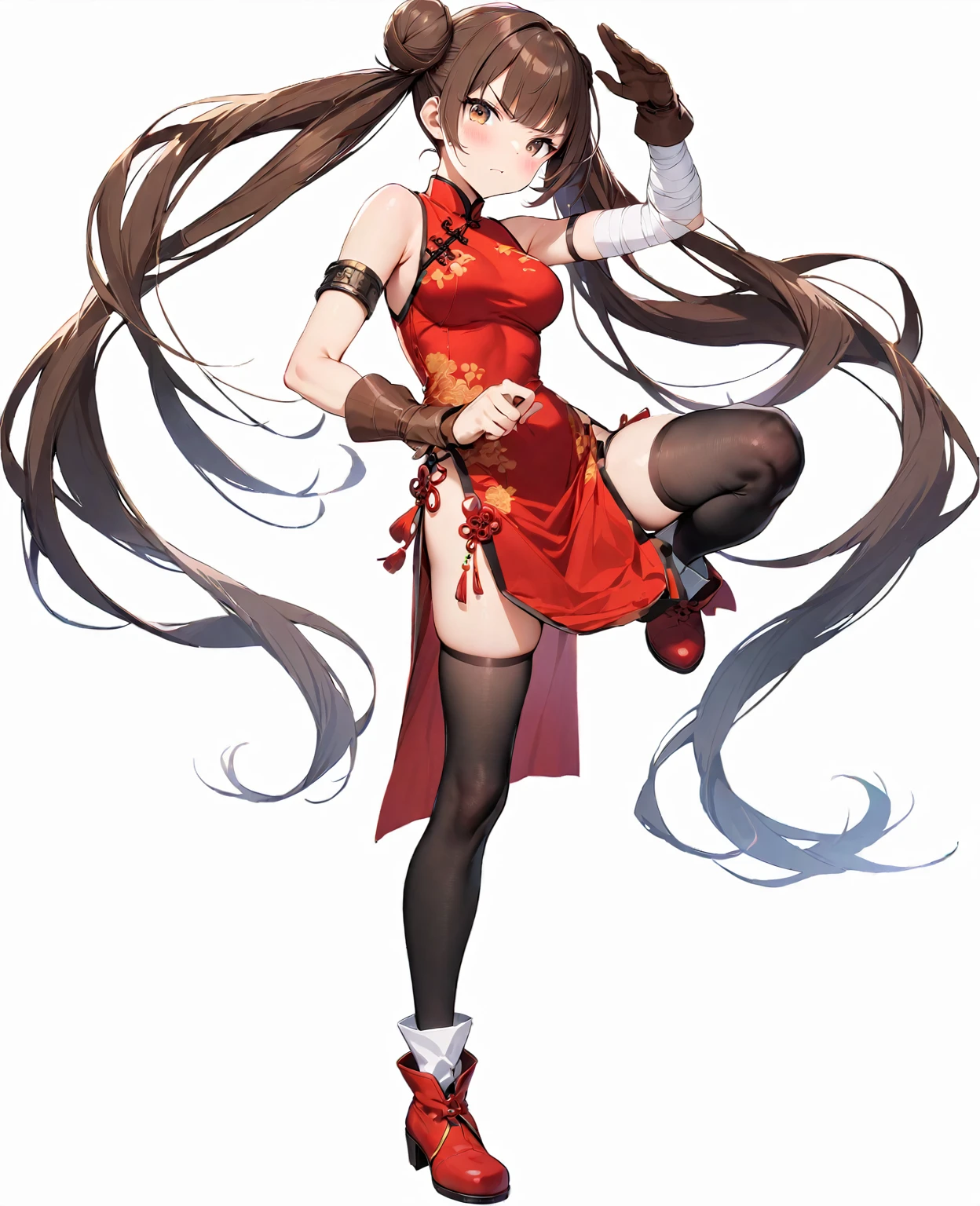 masterpiece, best quality, 1girl, solo, thighhighs, chinese-clothes, gloves, very-long-hair, dress, hair-bun, twintails, china-dress, red-dress, double-bun, black-thighhighs, brown-hair, brown-eyes, full-body, red-footwear, pelvic-curtain, looking-at-viewer, bandages, blush, standing, breasts, bangs, armlet, sleeveless, fighting-stance, sleeveless-dress, brown-gloves, bare-shoulders, v-shaped-eyebrows, bandaged-arm, side-slit, leg-up, medium-breasts, gradient-hair, boots, ankle-boots, floating-hair, closed-mouth, simple-background, hand-up, blunt-bangs, sash
