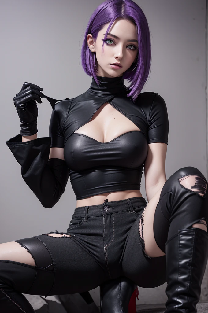 purple hair color, Caucasian skin, one green eye and one red eye, wear a black top, has ripped pants, black gloves, wear black boots