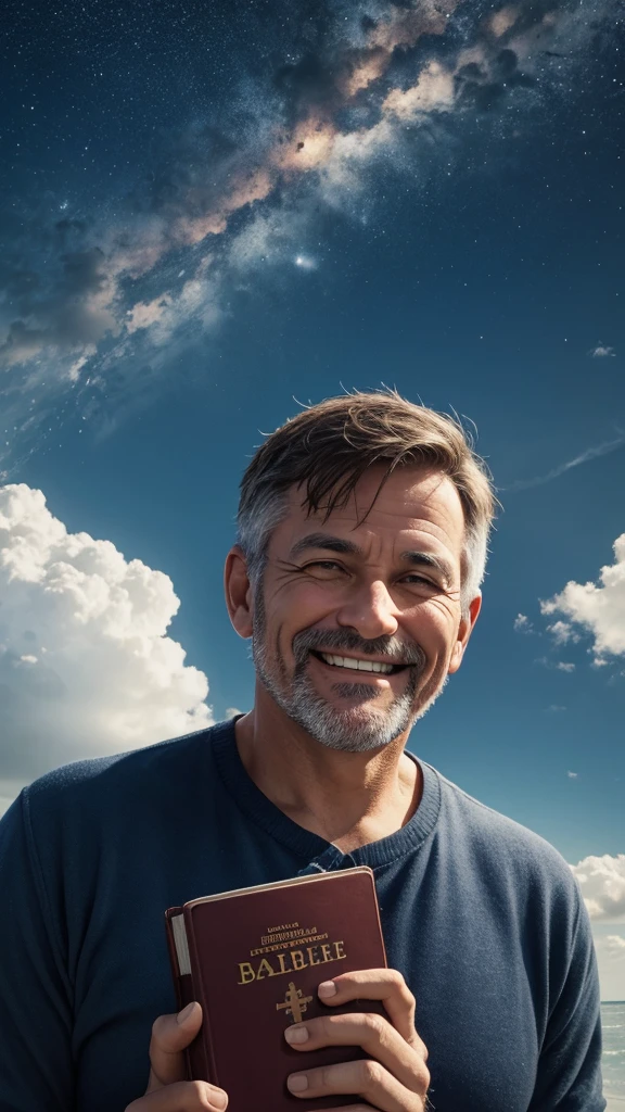 Middle aged man smiling with bible in hands, looks up at the sky.