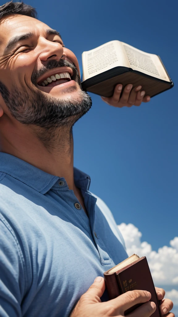 Middle aged man smiling with bible in hands, looks up at the sky.