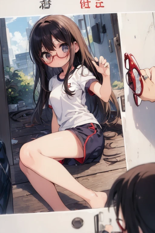 (Big red round glasses:1.3)、(Timid girl、blush、Watery eye:1.2)、Long black hair、White short sleeve shirt、Navy blue shorts、Gym suit、 body、Flat 体、Gym suitショートパンツ、Wide-legged shorts、Shorts and thigh gap