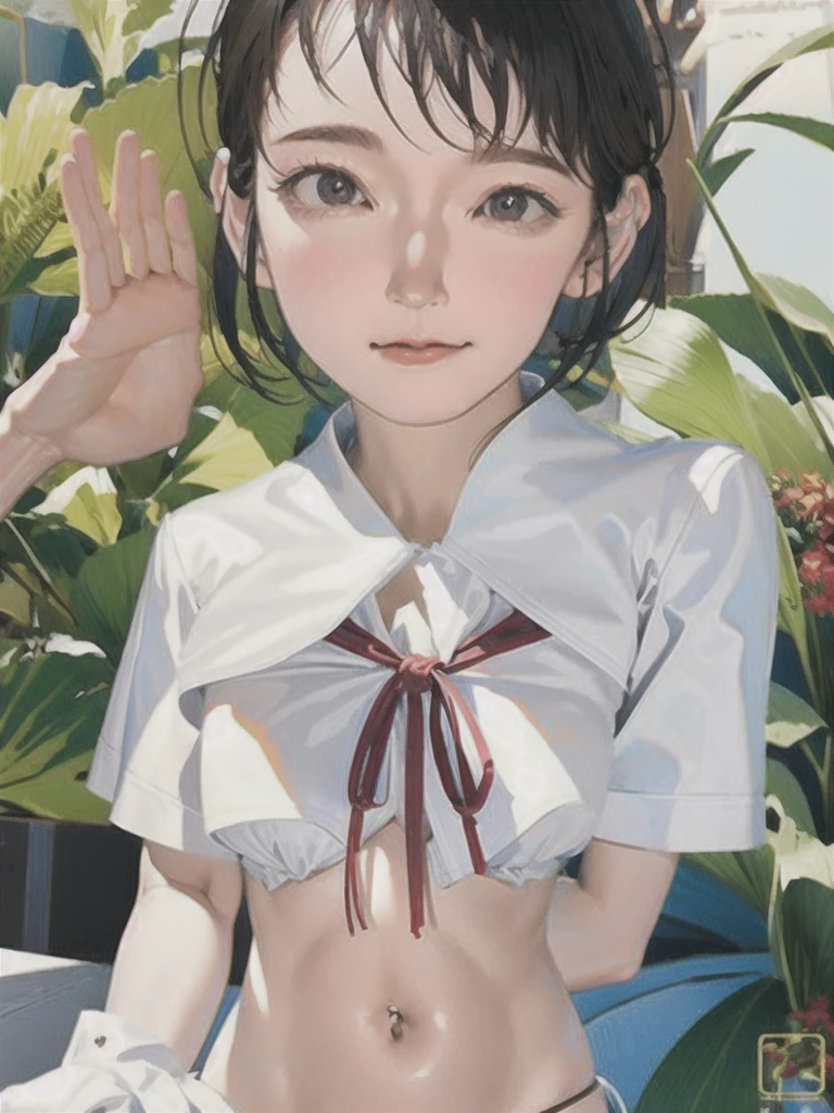 1girl, sailor uniform, short-sleeved shirt, blouse, skeleton uniform, Korean cosmetics, bra, embarrassed face, shy face, red tie ribbon, boyish face, touching face with hands, very short hair, socks, necklace, piercing, belly button exposed, beautiful legs, knee-high boots, dark skin, gyaru, high quality, best quality, 4k, 8k, highres, masterpiece:1.2, ultra-detailed, realistic, photorealistic:1.37, HDR, UHD, studio lighting, ultra-fine painting, sharp focus, physically-based rendering, extreme detail description, professional, vivid colors, bokeh