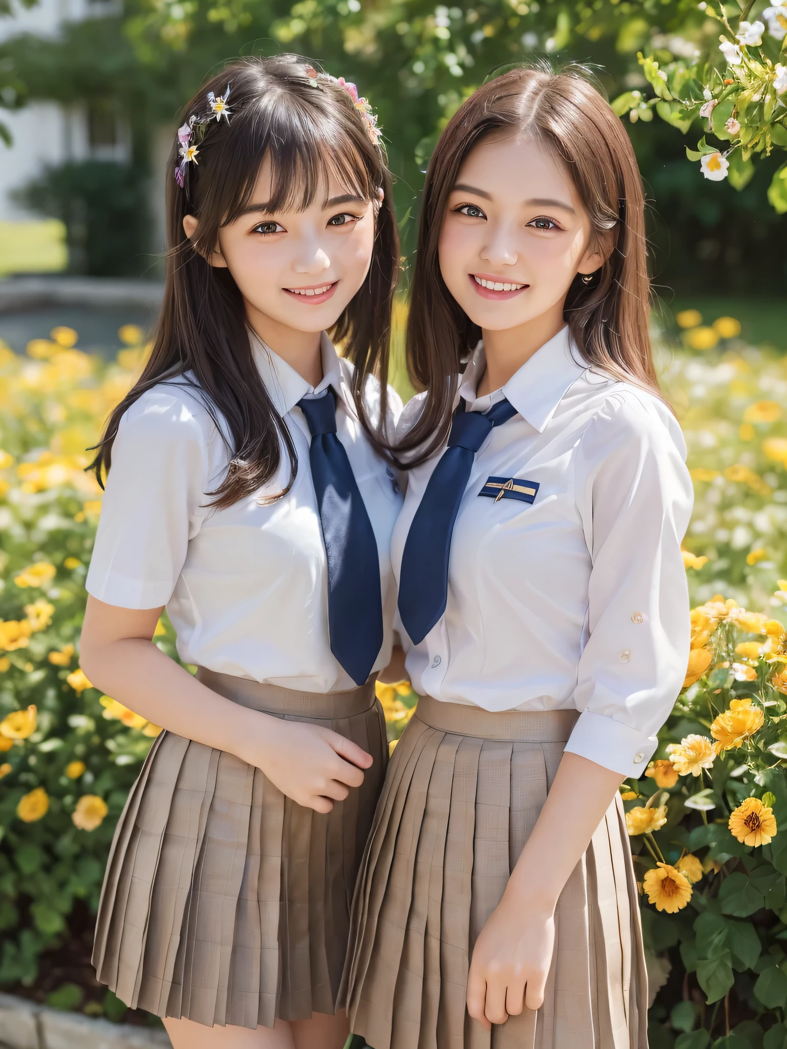 (2girl), (round eyes:1.2), (highly detailed face and eyes), (big smile), (school uniform, pleated skirt:1.3), summer, (Best Quality:1.4), (Ultra-detailed), (extremely detailed CG unified 8k wallpaper), Highly detailed, High-definition raw color photos, Professional Photography, Realistic portrait, indoors, (Surrounded by lots of cute fresh flowers:1.3), depth of fields, (fine face:1.2),