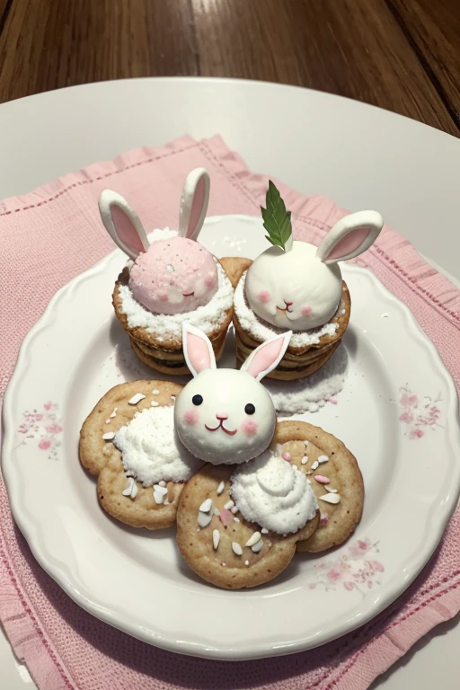 there is a menu on a white table with a ruffled tablecloth. The menu contains lace decorations around, pink and white pastel palette, the title of the menu is "bunny blossom café". the menu contains elements of bunnies, stars and hearts. Below the title there are the foods provided Crispy cookies with generous pieces of chocolate;Croissant filled with almond cream, sprinkled with icing sugar.;Fresh salad with mixed leaves, grated carrot, tomates cereja, cucumber and yogurt sauce.;Bunny-shaped shortbread cookies, perfect to accompany tea or coffee.