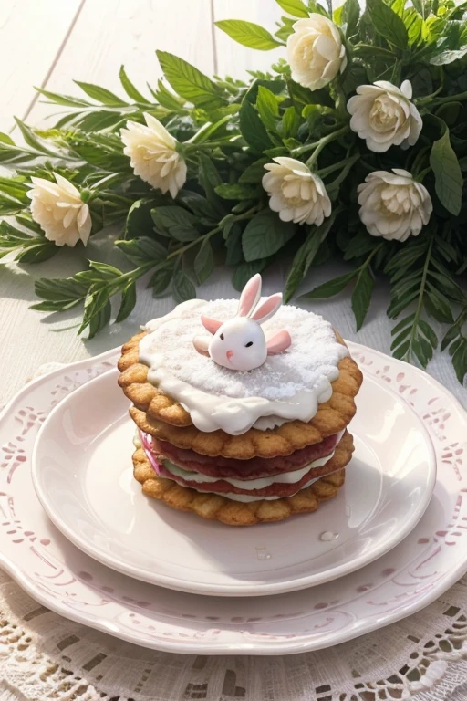 there is a menu on a white table with a ruffled tablecloth. The menu contains lace decorations around, pink and white pastel palette, the title of the menu is "bunny blossom café". the menu contains elements of bunnies, stars and hearts. Below the title there are the foods provided Crispy cookies with generous pieces of chocolate;Croissant filled with almond cream, sprinkled with icing sugar.;Fresh salad with mixed leaves, grated carrot, tomates cereja, cucumber and yogurt sauce.;Bunny-shaped shortbread cookies, perfect to accompany tea or coffee.