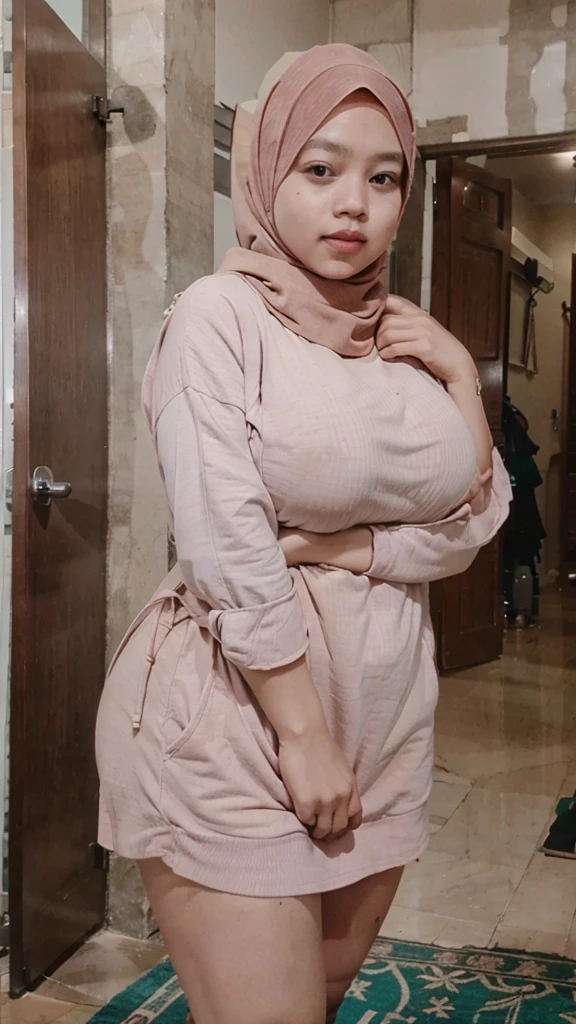 A woman indonesian, wearing hijab, beautiful face, cute face, nude, big breast, curvy body, full body, Chubby thighs, standing in the room