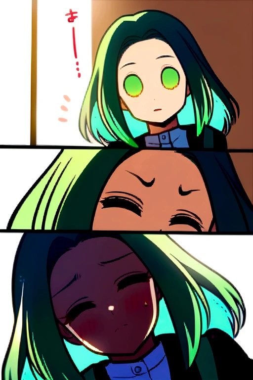 Kimetsu no yaiba style anime girl green hair, Closed eyes, BROWN SKIN, blushing and with a nervous attitude moving her hands from one side to the other