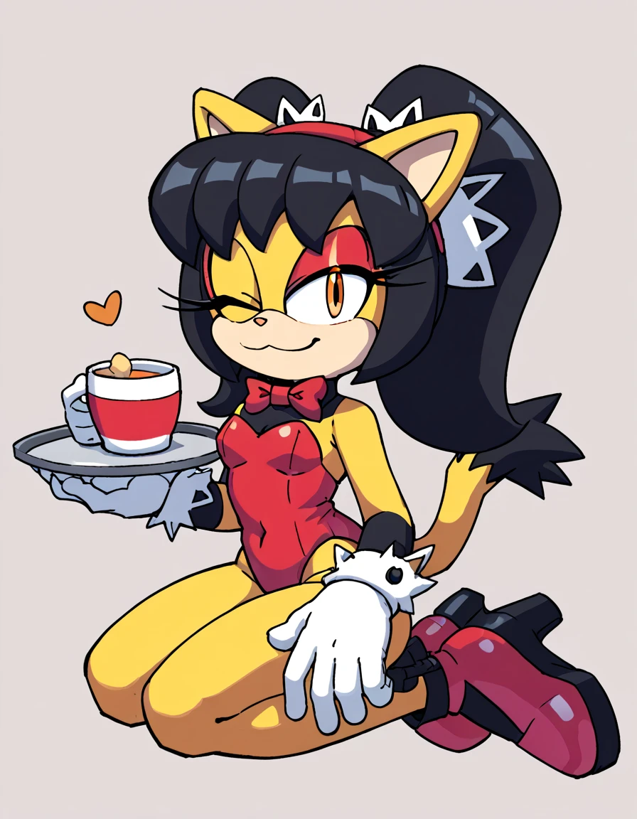 score_9, score_8_up, score_7_up, score_6_up, masterpiece, best quality, honey the cat, 1girl, solo, looking at viewer, smile, simple background, gloves, bow, holding, bare shoulders, closed mouth, tail, full body, one eye closed, white gloves, bowtie, red bow, high heels, leotard, cup, bare legs, cat girl, kneeling, strapless, makeup, , highleg, playboy bunny, happy, red footwear, rabbit tail, red bowtie, furry, highleg leotard, eyeshadow, strapless leotard, cat ears, animal nose, orange eyes, animal ears, furry female, sonic the hedgehog \(series\), black hair