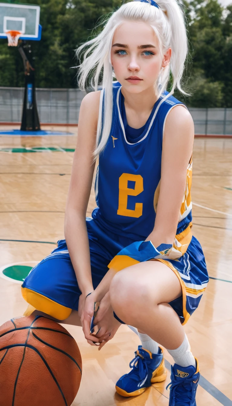 Girly girl with white hair up blue eyes and beautiful white skin wearing basketball uniform