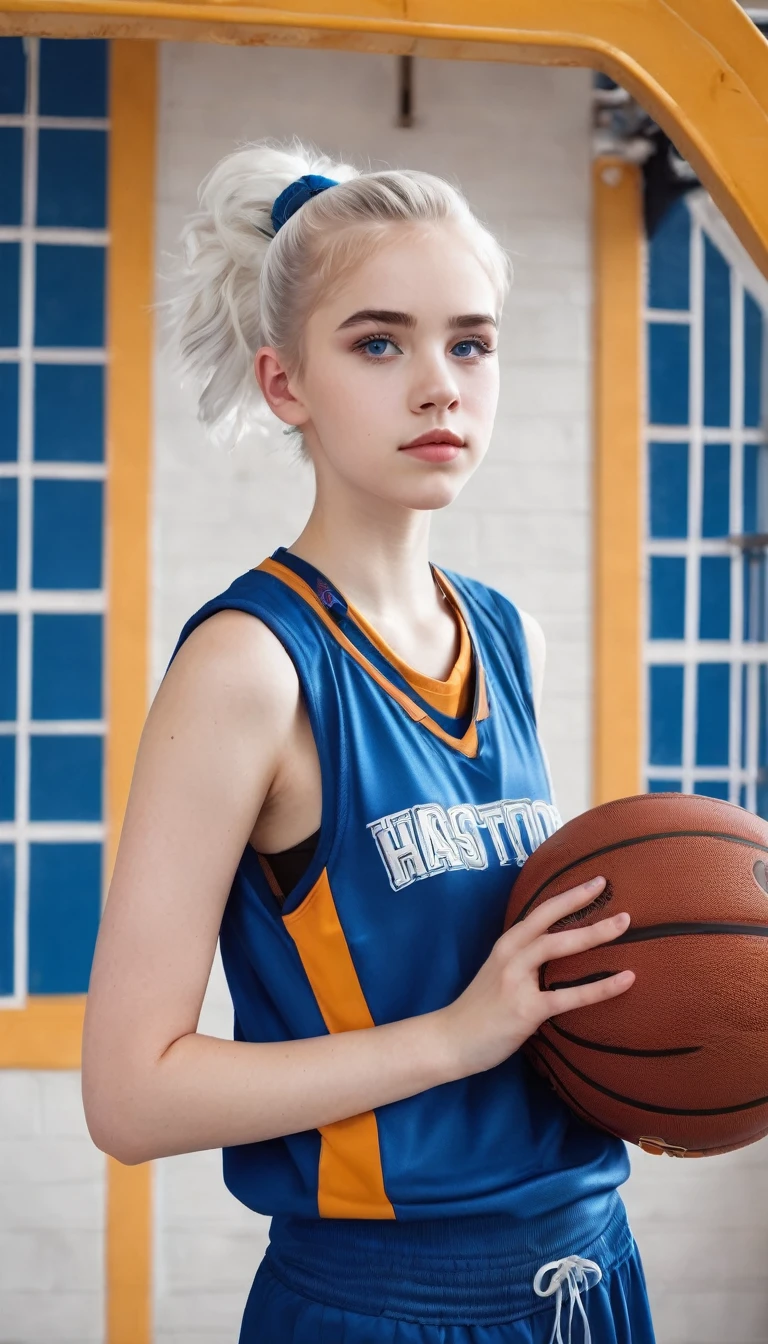 14 year old girl with white hair up, light blue eyes, white skin basketball player photo shoot