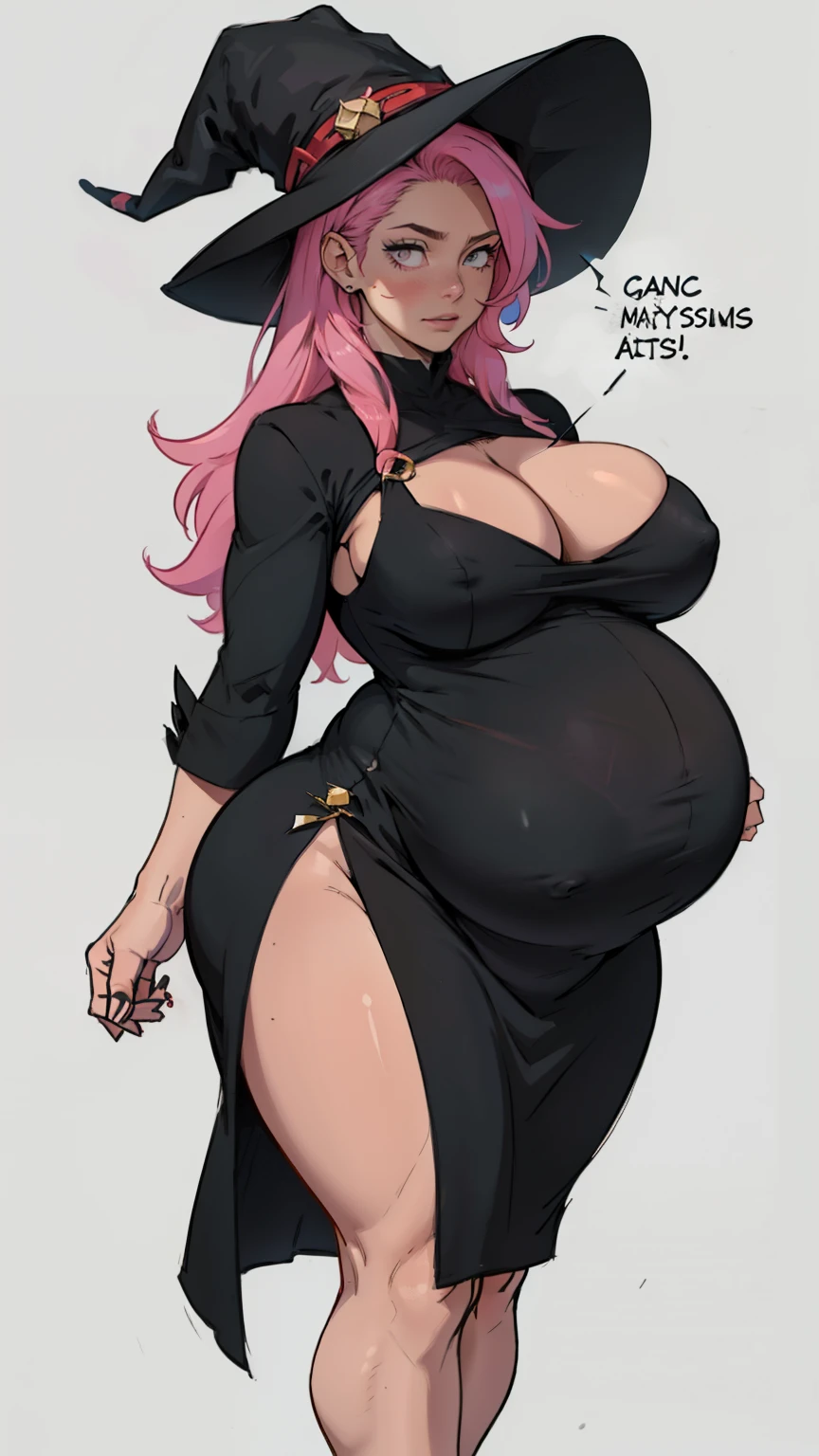 older woman in her 30s, with pink hair and a tall, curvy body, breasts big, in this, (work of art, best qualityer:1.2) wearing the legendary great black dress of the mystical sorceress, Big witch hat, pregnant, standing alone, alone, pink massive hair
