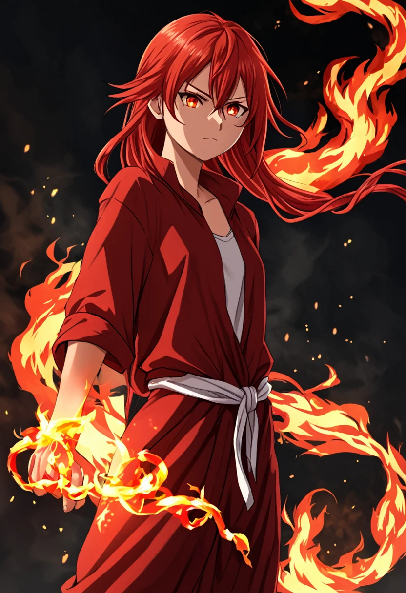 teenage woman, long and tied red hair , loose and red clothes, power of fire