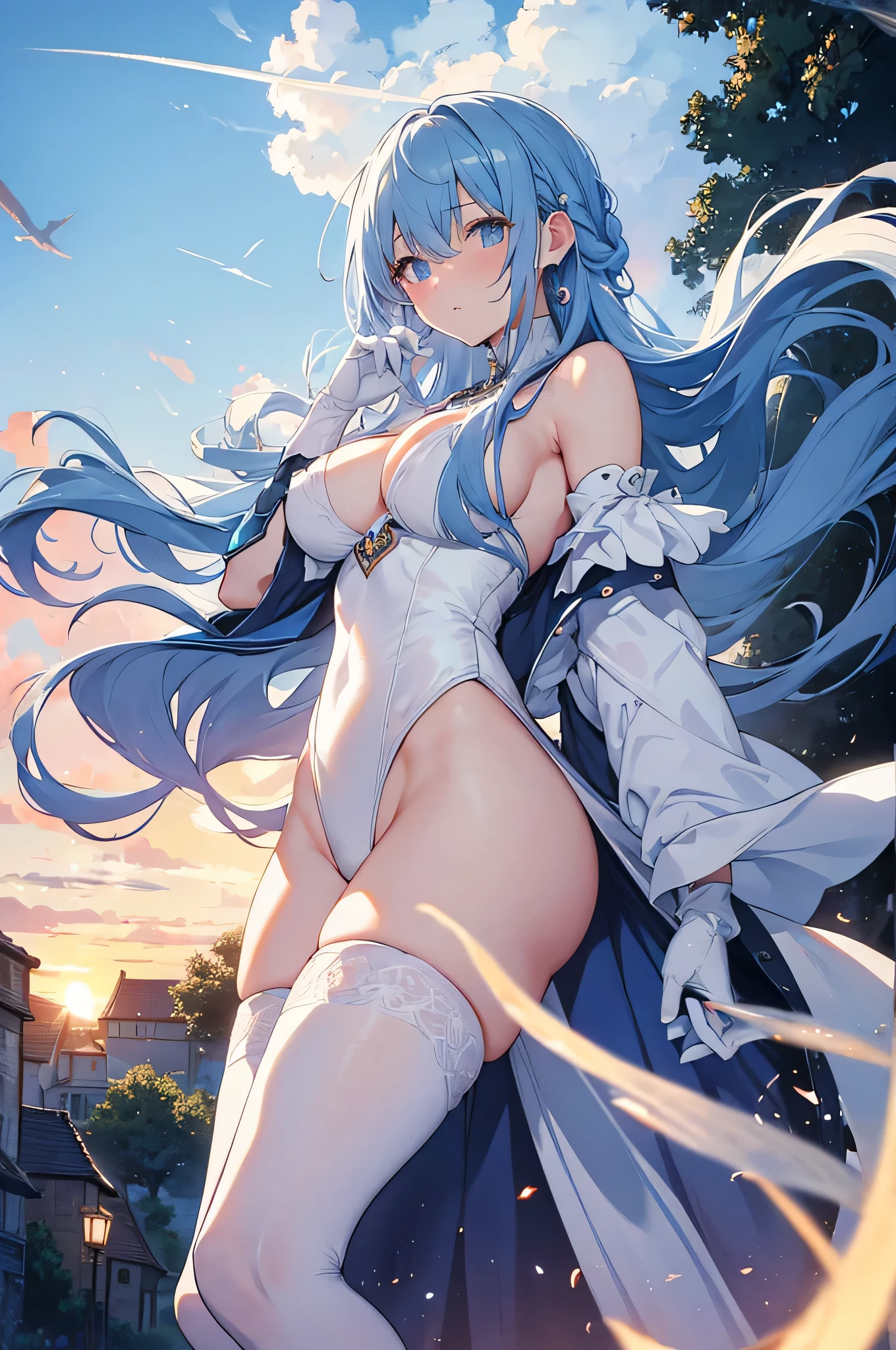 4K,High resolution,One Woman,Light blue hair,long hair,Braid,Big Tits,witch,White high leg leotard,White boots,White gloves,Black tights,White witch hat,Jewelry decoration,Magic wand,Medieval village,Sunrise background