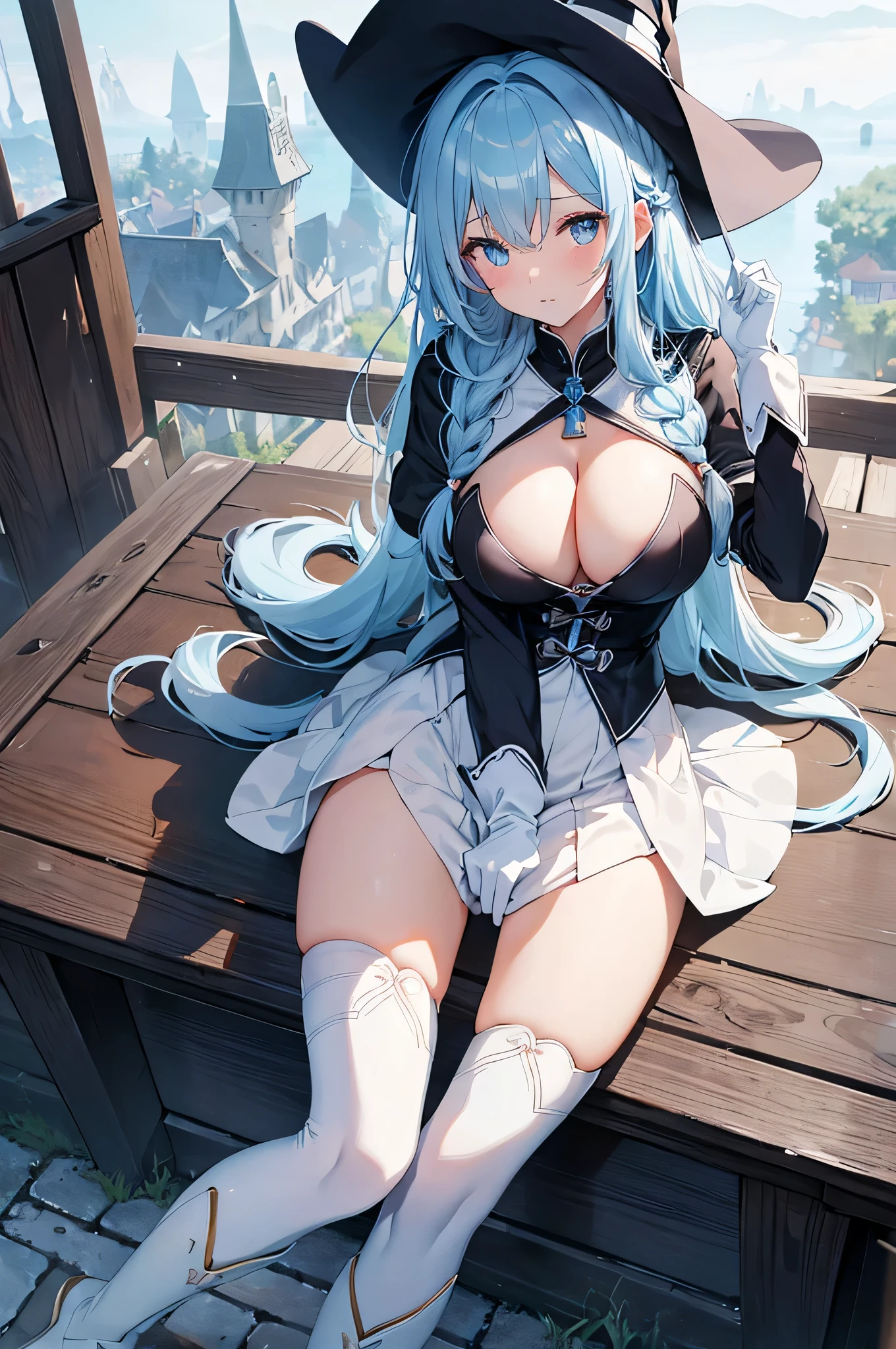 4K,High resolution,One Woman,Light blue hair,long hair,Braid,Big Breasts,witch,White sacred high leg leotard,White boots,White gloves,Black tights,White witch hat,Jewelry decoration,Magic wand,Medieval village,Sunrise background