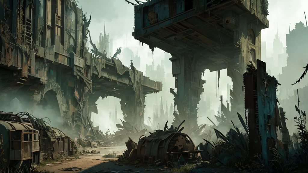 a futuristic abandoned city entrance, close-up view, detailed architecture, overgrown vegetation, grungy, moody lighting, cinematic composition, dystopian atmosphere, muted color palette, depth of field, dramatic shadows, crumbling buildings, rusted metal, eerie ambiance, post-apocalyptic, detailed foliage, decaying infrastructure, moody, high contrast, intricate details