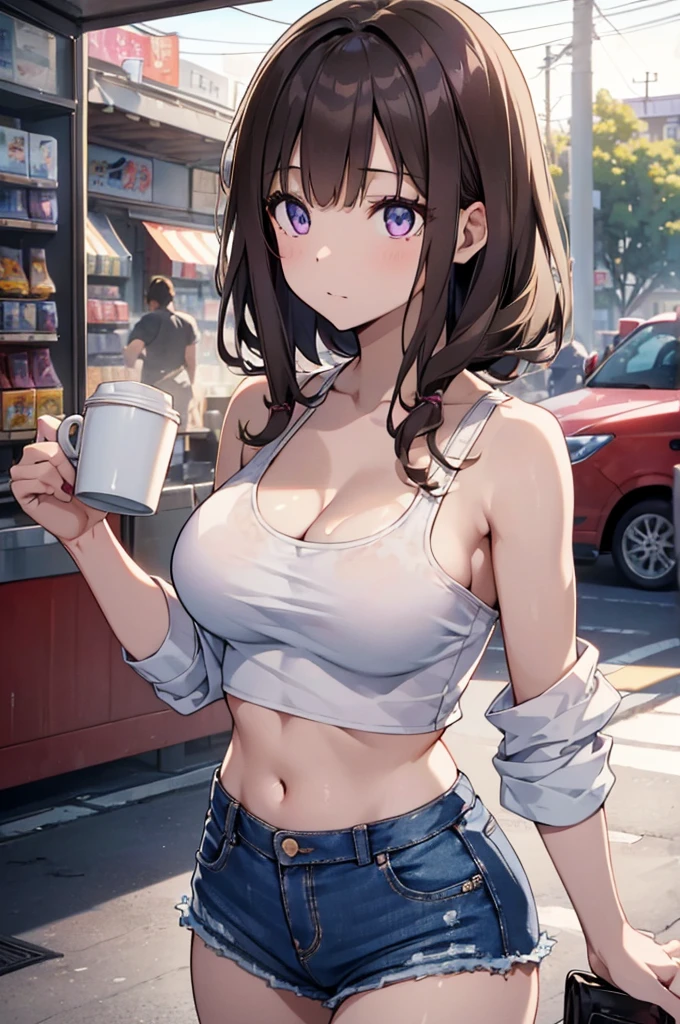 (masterpiece, Best Quality, ultra-detailed, high resolution, extremely detailed CG, official art, Professional Lighting, Perfect Anatomy, anime colors), (from below), looking at viewer, cowboy shot, perfect body, 24yo beautiful 1girl, medium hips, glamorous body,a small face,beautiful-makeup,Makeup light,Shortcut Hair,dark brown hair、Bust b Cup, Amazing Cleavage, thin waist, big ass, Raised sexy, big breast: 1.2 posed cleavage:1.2, (off shoulders,Sportsbra,legginullnude), micro denim shorts, bare legs, nail_polish, pale skin, Waiting friend, (morning:1.5), tokyo, (convenience store:1.3), outdoor, (depth of field:1.3), contrapposto, (Hold a coffee in your hand:1.3),delicate beautiful face, Bright magenta eyes, cute eyes, sparkling eyes, Big eyes, (big breasts:1.3), (perky chest:1.1), (pointed chest:1.3), looking at viewer,
