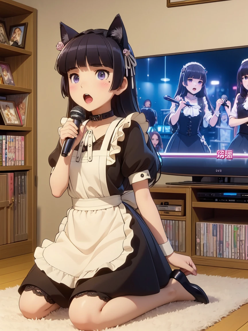 (ruri gokou), (Ultra-high resolution), (masterpiece), (Attention to detail), (high quality), (最high quality) , 1 Girl, alone, Hime cut, Maid clothes, Cat ear, Black Tail, (apronスカート), Midi Skirt, (stockings), apron, Frills, ribbon, Cosplay, collar, cuffs, ((karaoke machine wired)), (2girl), singing, holding a mic, subtitle on TV, manga bookcase, sofa, carpet, posters, curtain, wooden floor, barefoot,