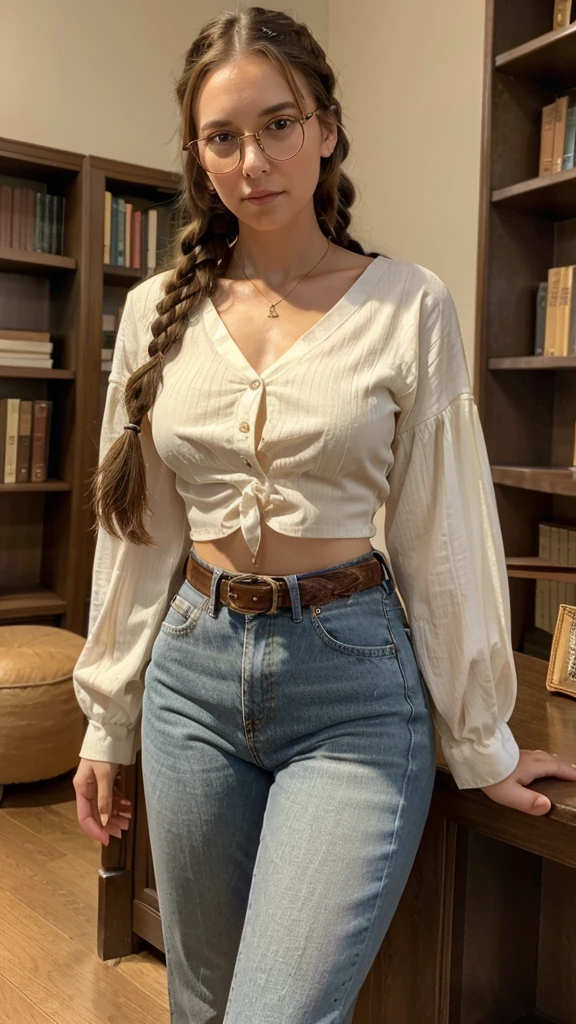 Pretty young woman, 32 years old, long brown hair in braids, golden eyes that shine like wheat, wearing black framed glasses, wearing a cream colored blouse, bare midriff, black low rise jeans with a white belt, standing in a library, 8k UHD, extremely detailed, well lit