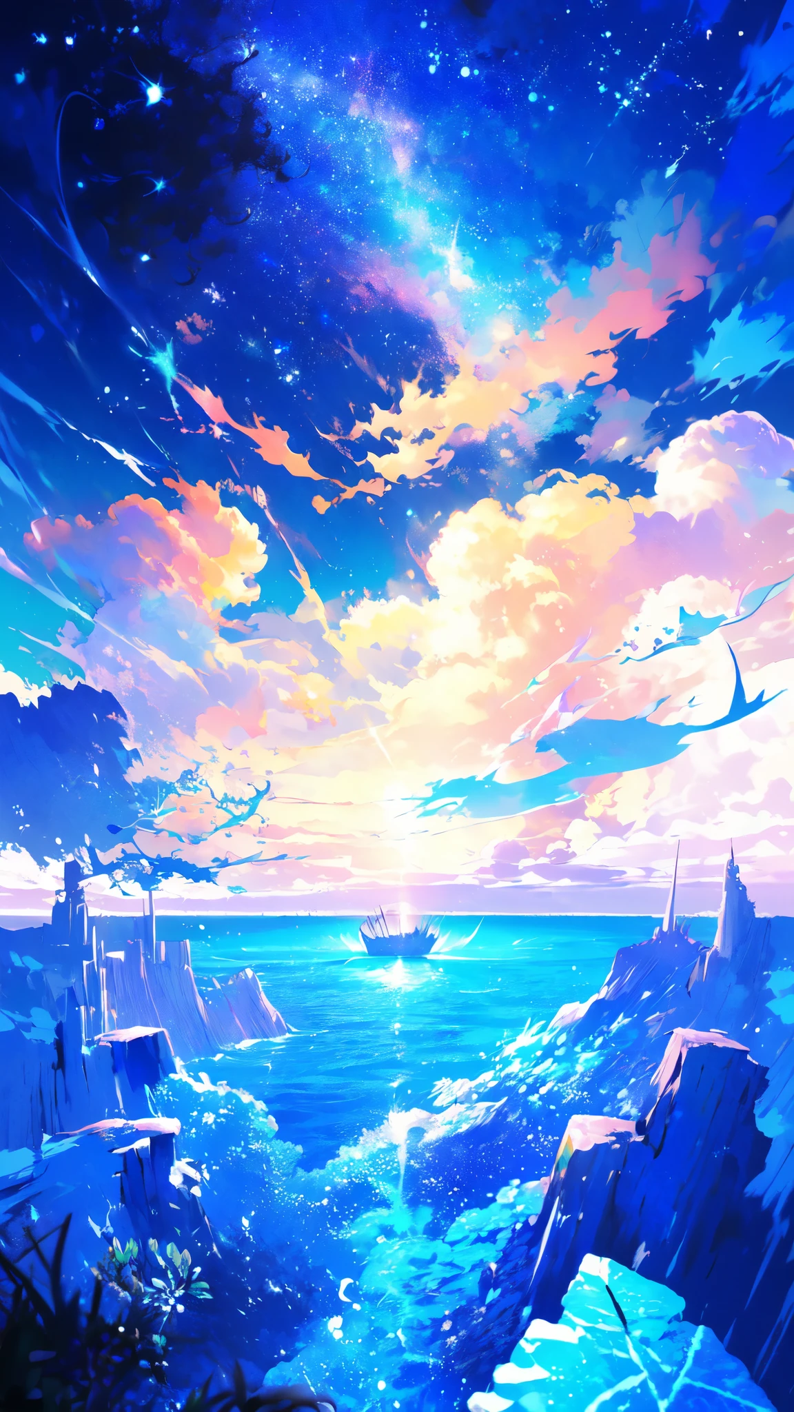 -scenery, 1girl, sky, Star (sky), Highest Resolution、鈴、Sunlight from above, Morning, solo,Fine starry sky、 city lights, Starry sky, Fine bubbles、night sky, bubble, watercraft, outdoors, short hair, ocean, Big cloud,coloured glaze,