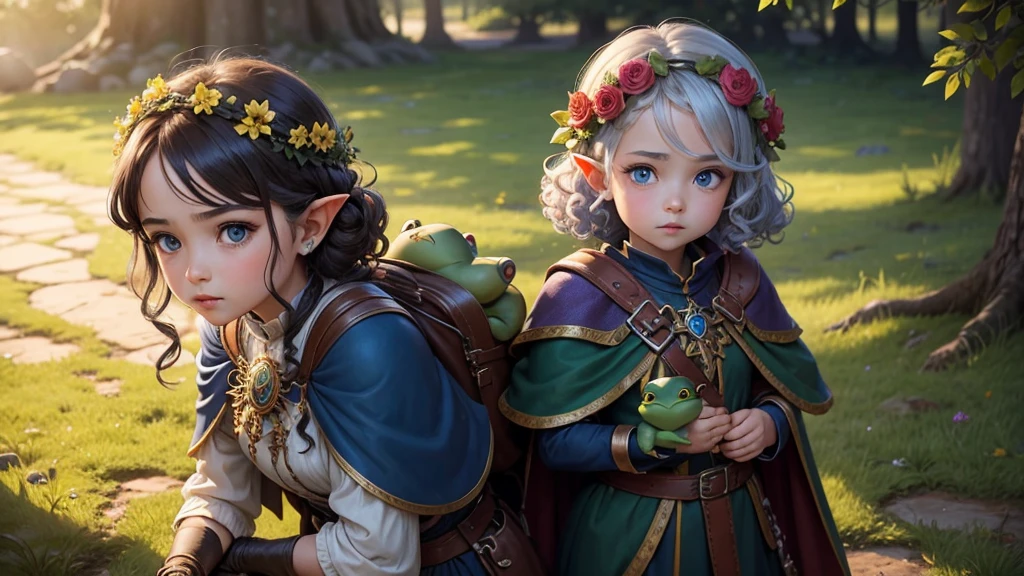 gnome girl with blue eyes and pointy ears, a wreath of flowers and adorned with intricate jewels, curly hair and a cape with a crossed brooch, little green frog with a backpack is sitting on his shoulder, riding a dog,  floresta em RPG medieval dungeon e dragon.