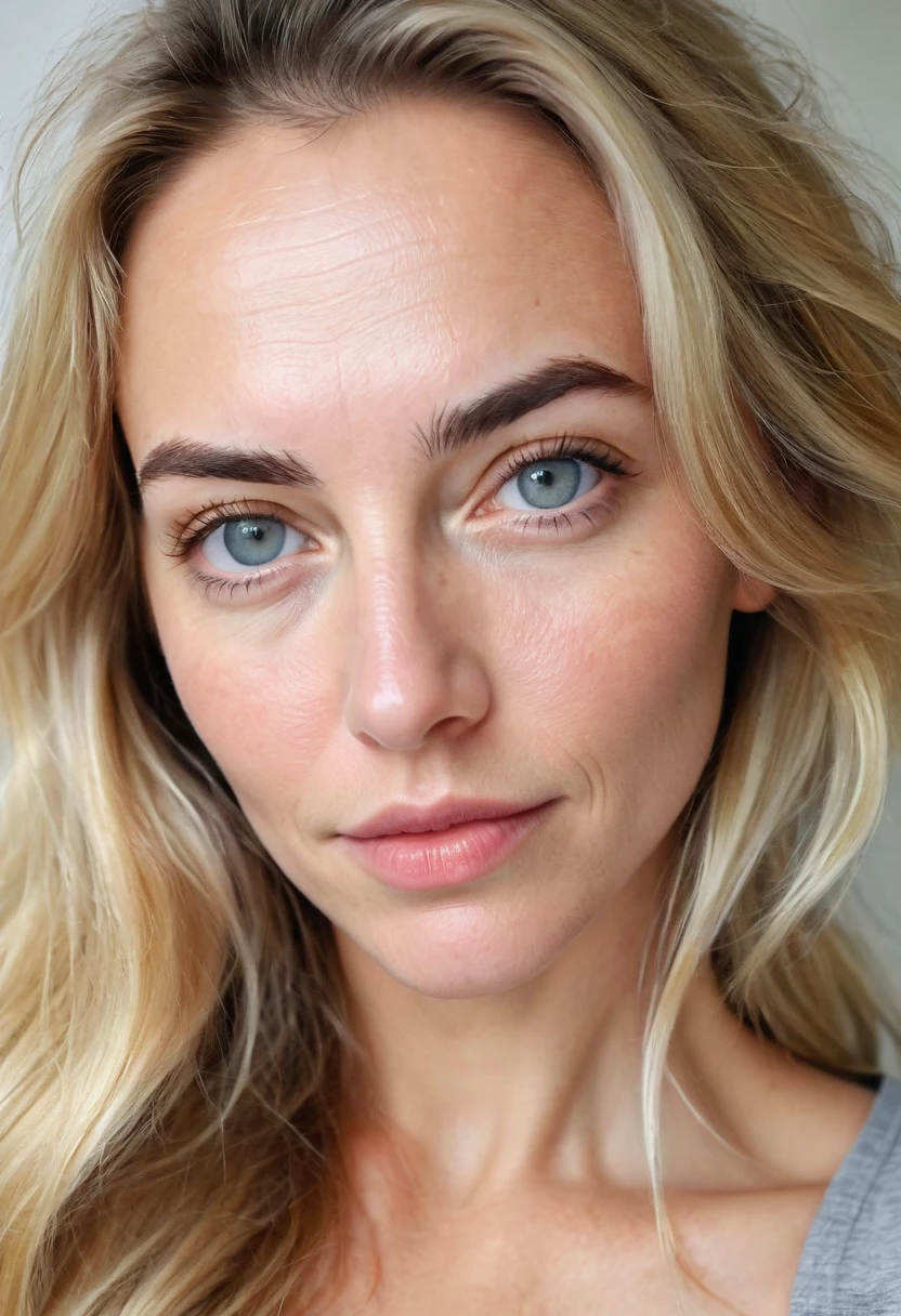 WOMAN 35 YEARS OLD, long blonde messy hair, with open pores, wrinkles, gray eyes, big face and full lips, bushy eyebrows, is looking straight into the camera, with a welcoming look, , homemade looking photo, no effects and shine, must look like a real person, cell phone selfie photo, must have background image, whether the fourth,