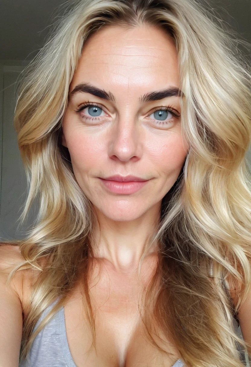 WOMAN 35 YEARS OLD, long blonde messy hair, with open pores, wrinkles, gray eyes, big face and full lips, bushy eyebrows, is looking straight into the camera, with a welcoming look, , homemade looking photo, no effects and shine, must look like a real person, cell phone selfie photo, must have background image, whether the fourth,