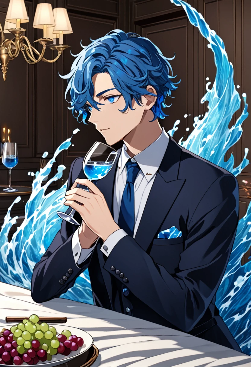 age man, blue wavy short hair, blue colored eyes, water elemental power, formal clothes, in a room drinking wine.