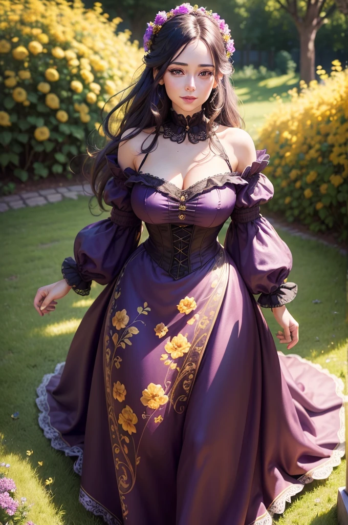 lady in a long victorian style purple dress, standing in a garden full of pink and yellow flowers, with detailed eyes, nose, mouth and long dark blue hair, natural skin, glowing skin, glossy red lips, violet eyes, beautiful, smiling, half bust portrait, (best quality,4k,8k,highres,masterpiece:1.2),ultra-detailed,(realistic,photorealistic,photo-realistic:1.37),HDR,UHD,studio lighting,ultra-fine painting,sharp focus,physically-based rendering,extreme detail description,professional,vivid colors,bokeh,portraits,landscape,dramatic lighting