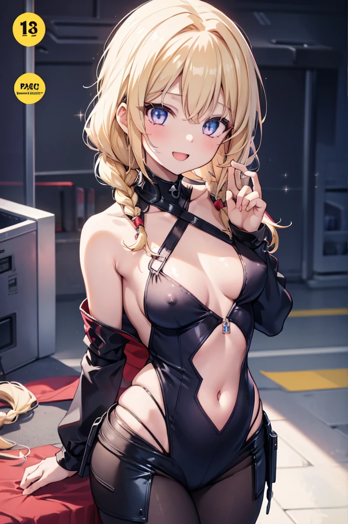 (small breasts:1.2), (perky chest:1.2), (pointed chest:1.2), (Pudding cake magazine cover:1.3),(from above:1.0),(fromside:0.9),masterpiece, 1girl, Amazing Cleavage:1.1, thin waist, optimum,tmasterpiece,hight resolution,best qualtiy,hyper HD,super detailing,awardwinning,16 K,solo,(The upper part of the body),anatomy correct,Beautiful cyberpunk girl,Cowboy Shot,cute face,a blond,Longhaire,Twin-tailed,Braids, Hairline,(scarlet eyes),long eyelasher,Hanging eye corners,White skin of the,shoot from the side, ((see through camisole:0.1)), ((Sheer nipples:1.0)),Rocket Tits,(Slim body),smile,seductive weak smiling,(with sparkling eyes and a contagious smile),open mouth, Looking at Viewer,