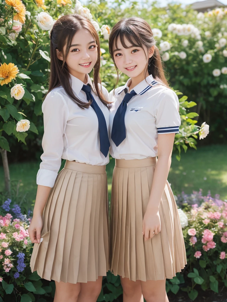 (2girl), (round eyes:1.2), (big smile), (school uniform, pleated skirt:1.3), summer, (Best Quality:1.4), (Ultra-detailed), (extremely detailed CG unified 8k wallpaper), Highly detailed, High-definition raw color photos, Professional Photography, Realistic portrait, (Surrounded by lots of cute fresh flowers:1.3), depth of fields, (fine face:1.2), 