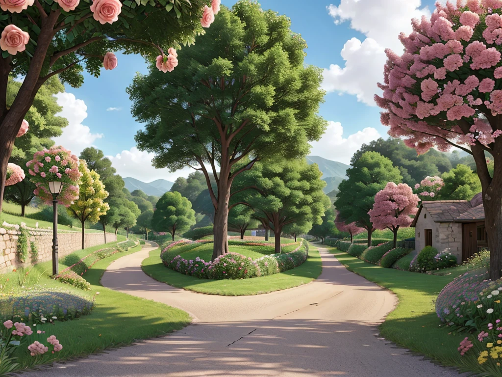 a road leading back to the village with a path of roses and flowers along the entire road on the left