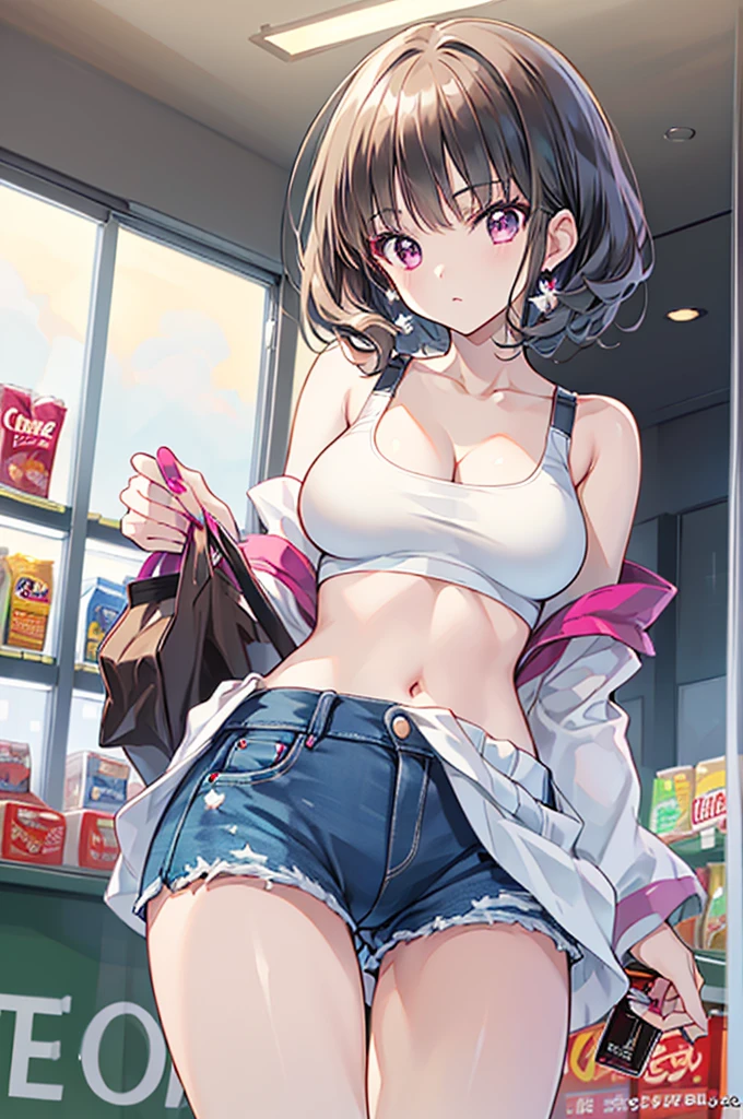 (masterpiece, Best Quality, ultra-detailed, high resolution, extremely detailed CG, official art, Professional Lighting, Perfect Anatomy, anime colors), (from below), looking at viewer, cowboy shot, perfect body, 24yo beautiful 1girl, medium hips, glamorous body,a small face,beautiful-makeup,Makeup light,Shortcut Hair,dark brown hair、Bust b Cup, Amazing Cleavage, thin waist, big ass, Raised sexy, big breast: 1.2 posed cleavage:1.2, (off shoulders,Sportsbra,legginullnude), micro denim shorts, bare legs, nail_polish, pale skin, Waiting friend, (morning:1.5), tokyo, (convenience store:1.3), outdoor, (depth of field:1.3), contrapposto, (Hold a coffee in your hand:1.3),delicate beautiful face, Bright magenta eyes, cute eyes, sparkling eyes, Big eyes, (big breasts:1.3), (perky chest:1.1), (pointed chest:1.3), looking at viewer,