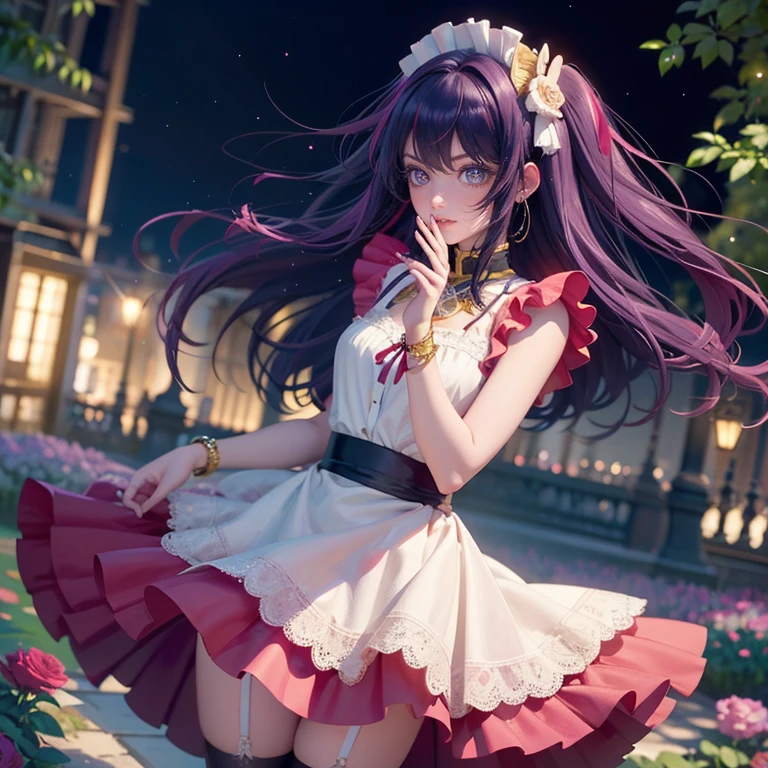 1girl, Ai Hoshino_(Oshi no Ko), centered girl, perfectly body, perfectly hands, solo, jewelry, lavender, rabbit jewel on her hair, ornament hair, twintails, rabbit jewel on her hair, purple hair, long hair, long flowing hair, floating hair, ornament hair, perfectly body, perfectly hands, garden scenery, magenta rose on hair, Looking at the audience, flowing hair, Beautiful Eyes, Plump and glossy lips, maid, maid dress, maid headdress, maid apron, white apron, dress with too many frills, white dress, magenta laces, white Short skirt, small skirt, skirt with layers, Drape clothes, magenta gem, Lace trim, bright stage in the garden, luxury gold details, gold jewelry, more details, best quality, Big sparkling eyes, blushing, black Striped Lace Stockings, white ta skirt, sparkle, solo, centered girl, cowboy shot, lace garter, perfectly body, perfectly hands, two arms, two legs, two hands, five fingers, perfect anatomy, glowing hair, magenta roses, in garden, sparkles, more details on her clothes, dress with transparency, magenta details on her dress, night ((4k, masterpiece, top-quality)), 8k, best quality, high resolution, UHD, (illustration:0.8), super cute girl, delicate and beautiful face, mature girl, super cute hairstyle, (beautiful detailed eyes:1.6), extremely detailed face, perfect lighting, extremely detailed CG, (perfect hands, perfect anatomy), Best quality, cleavage